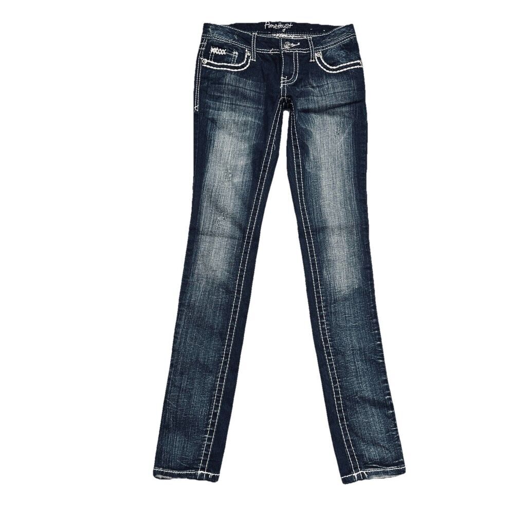 Amethyst Skinny Leg Jeans 3 Tall (27x31.5) Blue Distressed Embroidered Juniors